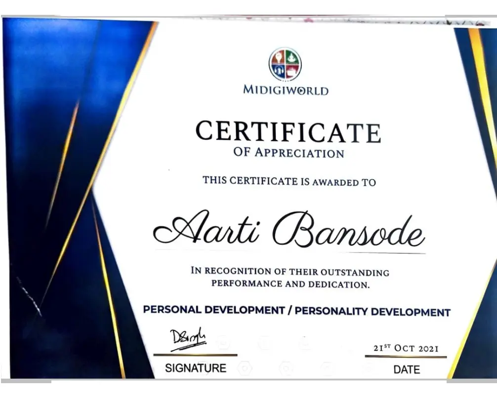 Aarti Bansode - Certificate Of Appreciation - Wisdom Ed