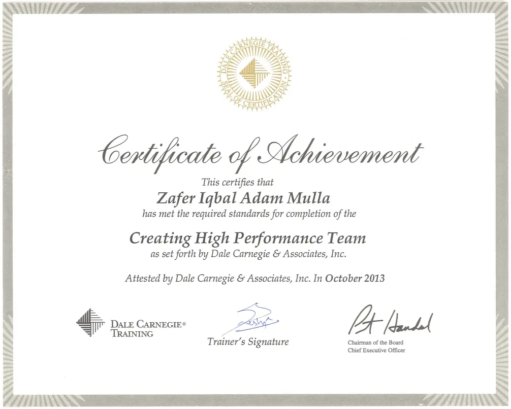 Certificates Of Achievements - Zafar Mulla - Wisdom Ed