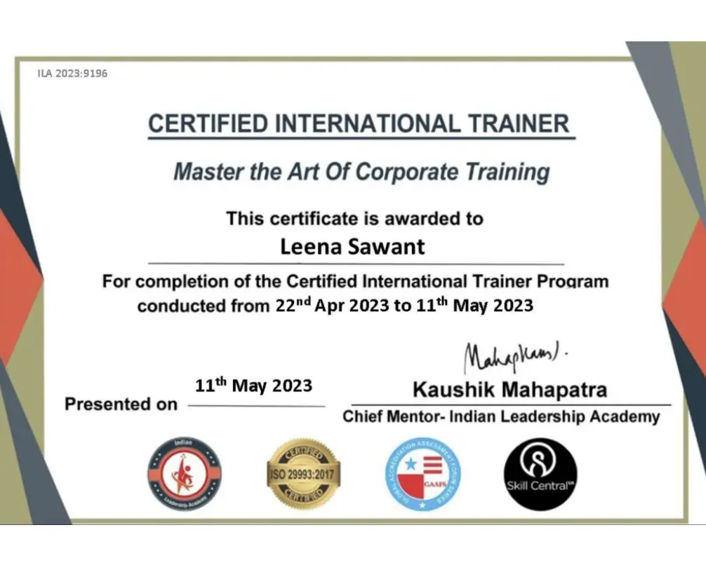 Certified International Trainer - Leena Sawant - Wisdom Ed