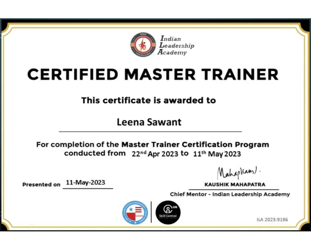 Certified Master Trainer - Leena Sawant - Wisdom Ed