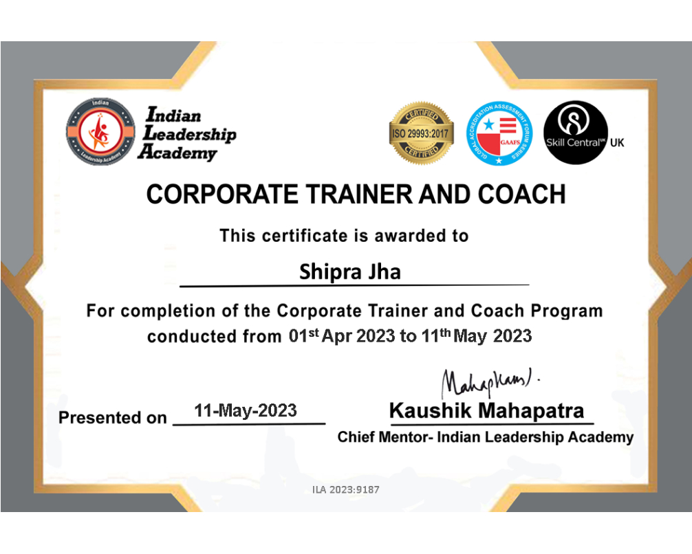 Shipra Jha - Ceritifed Corporate Trainer ANd Coach - Wisdom Ed