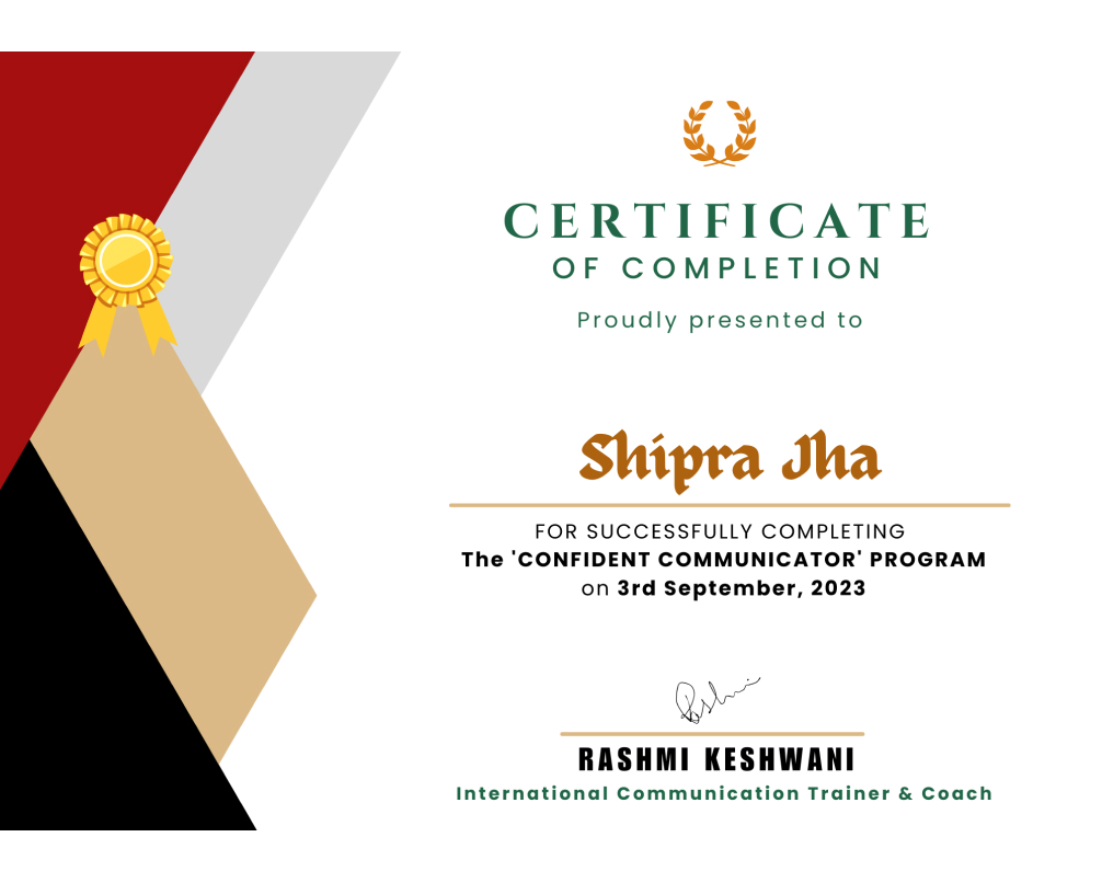 Shipra Jha - Completrion Certificate Of Confident Commuter Program